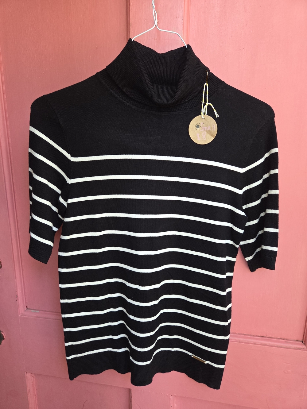 Anne Klein Black & White Striped Mock Neck Short Sleeve Top